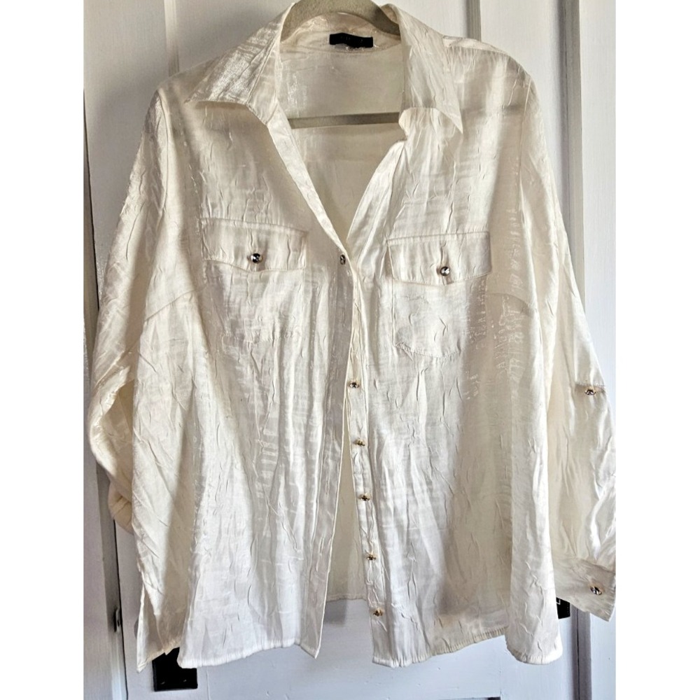 NWT ELEMENTZ woman 1X button up metallic ivory silky textured‎ rhinestone blouse